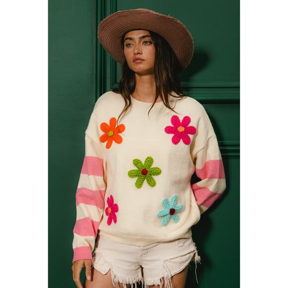 BiBi Colorful Floral Patches Striped Sleeves Relaxed Pullover Sweater | Oatmeal - Picture 6 of 9